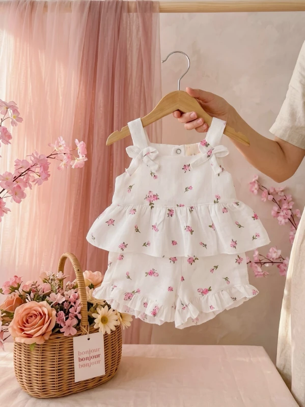 Bella Müslin Askılı Fiyonklu Çiçekli Fırfırlı Takım