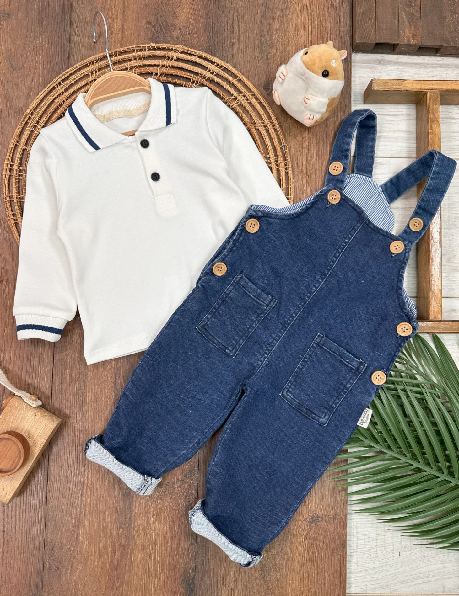 Polo Yaka Sweatshirt Kot Likralı Salopetli 2’li Takım