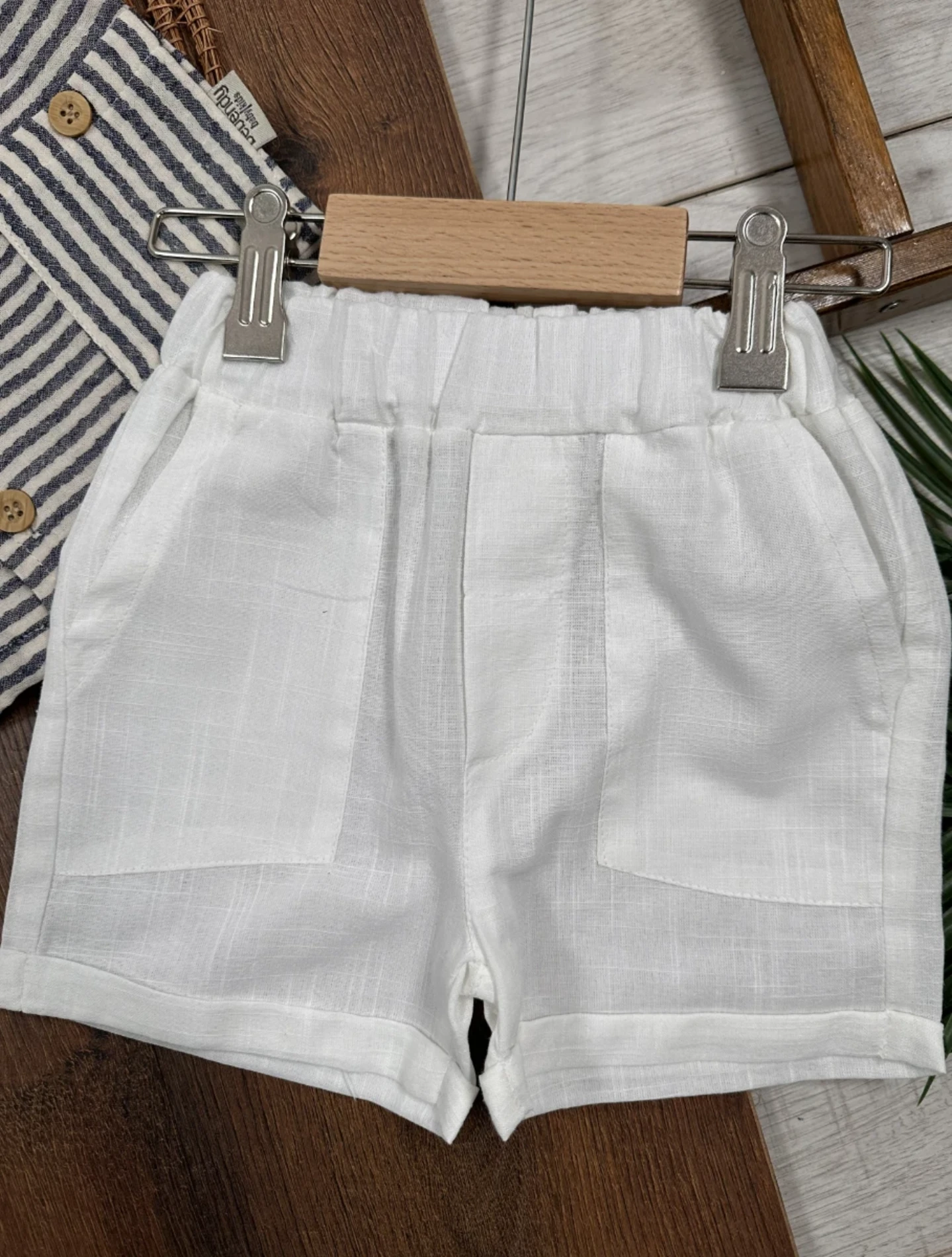 Müslin Çizgili Bucket  Şapkalı Düğmeli  Şortlu Yazlık Takım