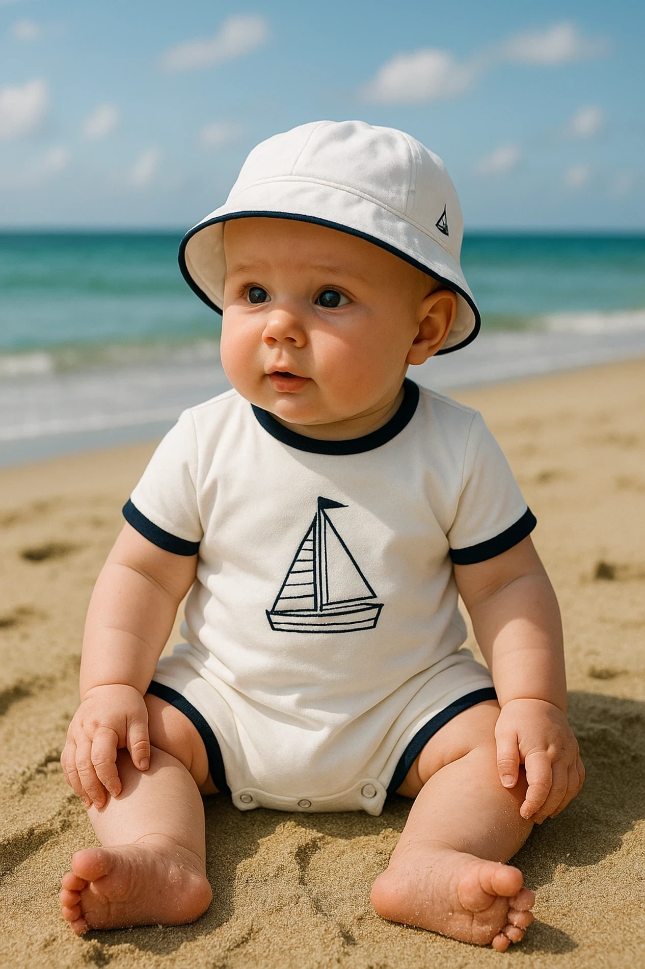 Yelken Gemici Nakışlı Şapkalı Alttan Çıtçıtlı Yazlık 2li Tulum Set