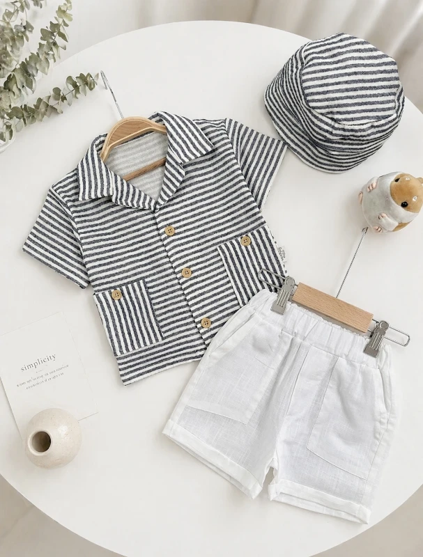 Müslin Çizgili Bucket  Şapkalı Düğmeli  Şortlu Yazlık Takım