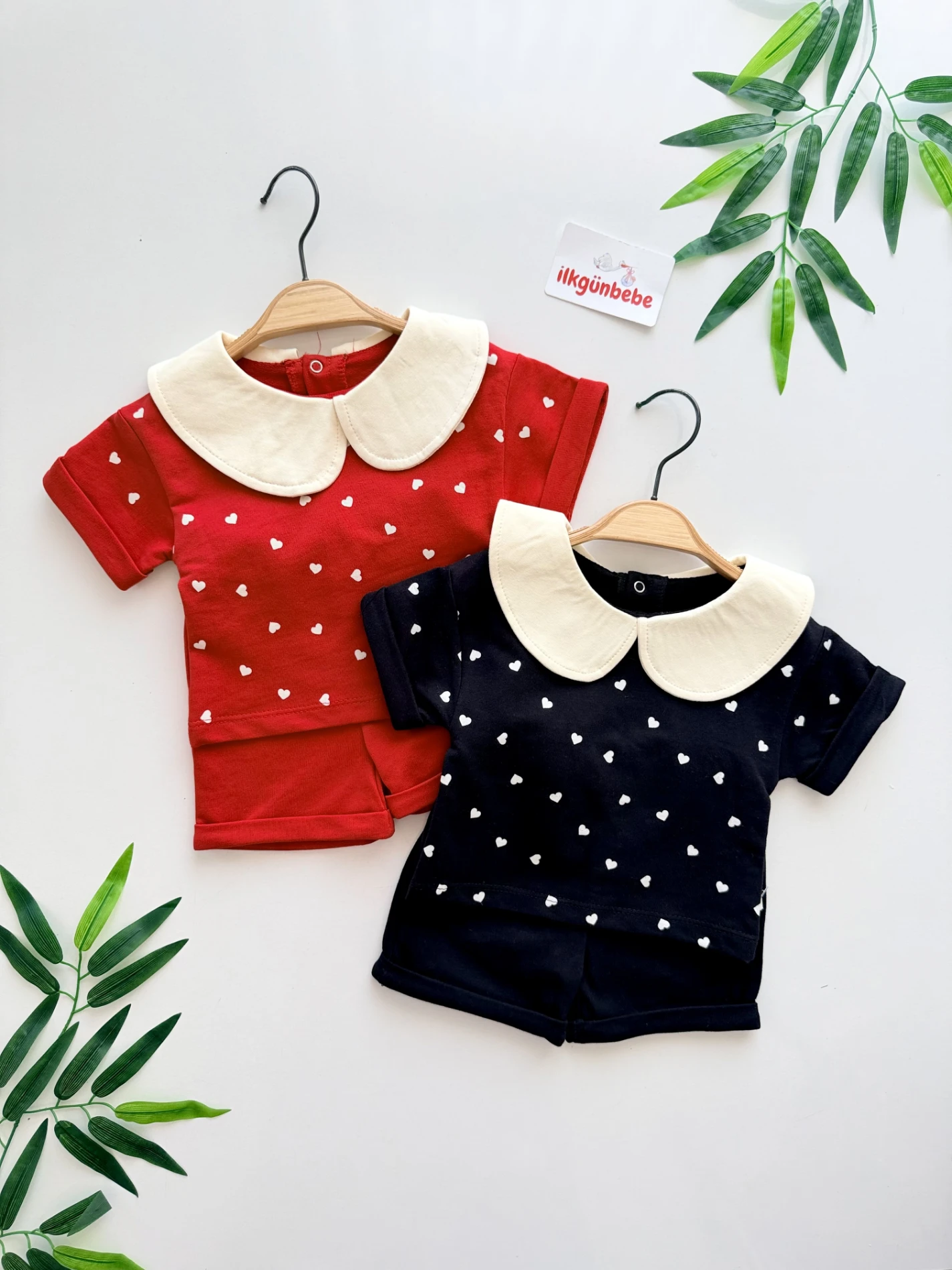 Lovely Bebe Yakalı Kalp Desenli Şortlu Takım