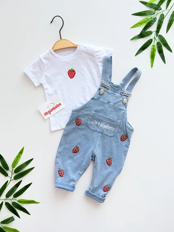 Çilek Nakışlı Örme Yumuşacık Likralı Esnek Kumaşlı Salopetli 2’li Premium Kalite Set