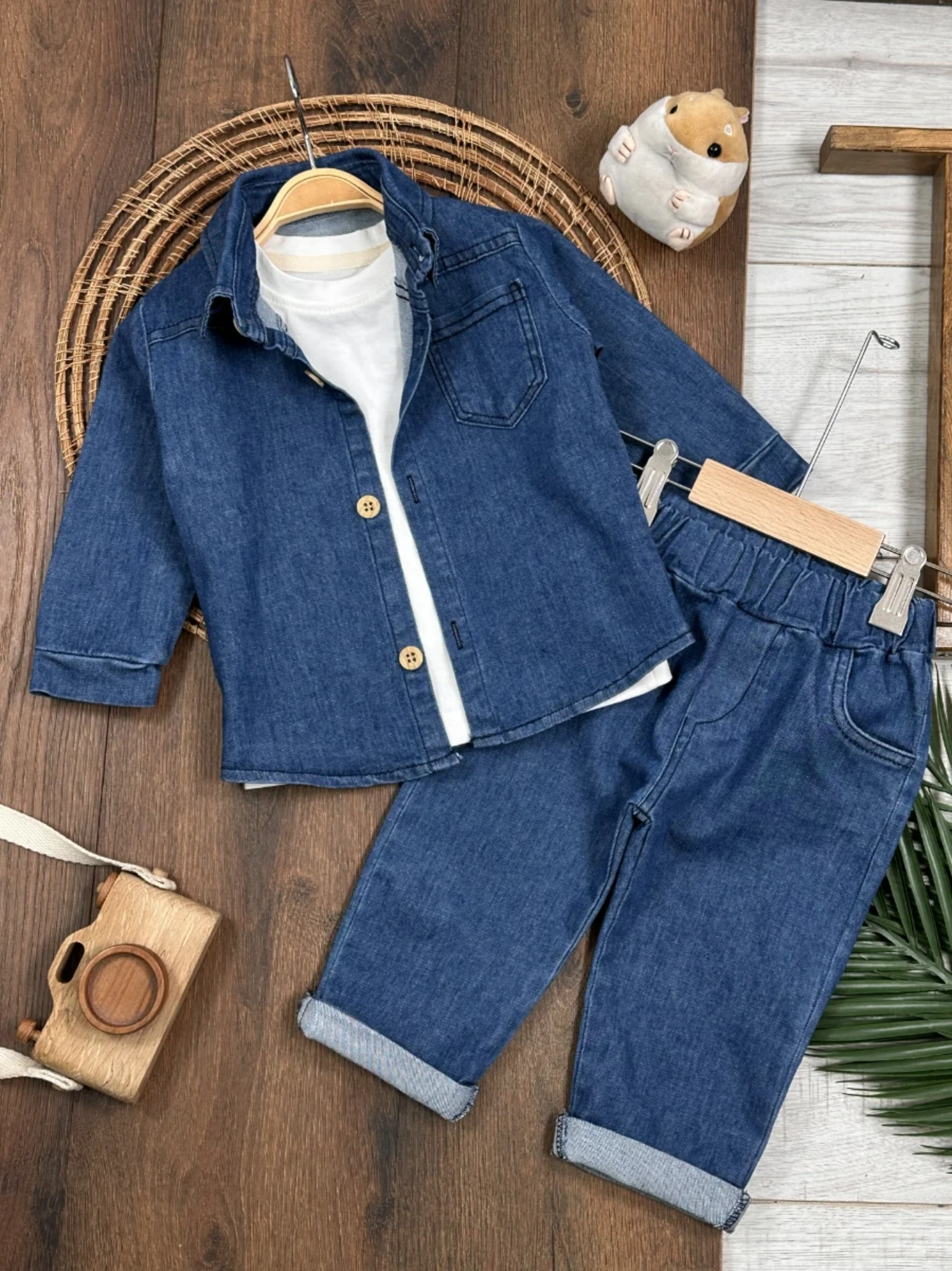 Likralı Esnek Kot Kumaş Gömlekli Tişörtlü Kot Pantalonlu Cool Takım