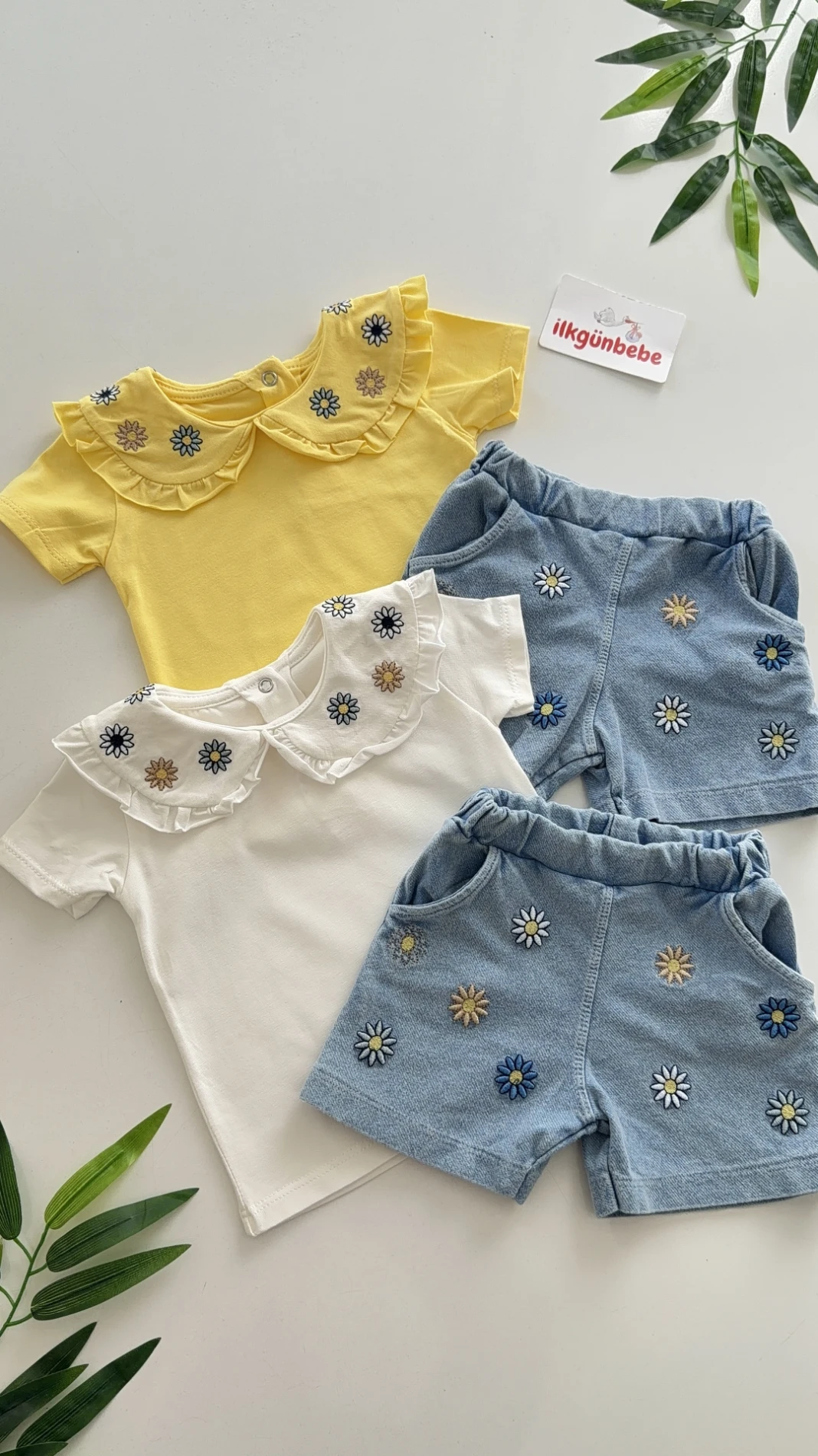 Papatya Nakış Yakalı Kot Şortlu Takım