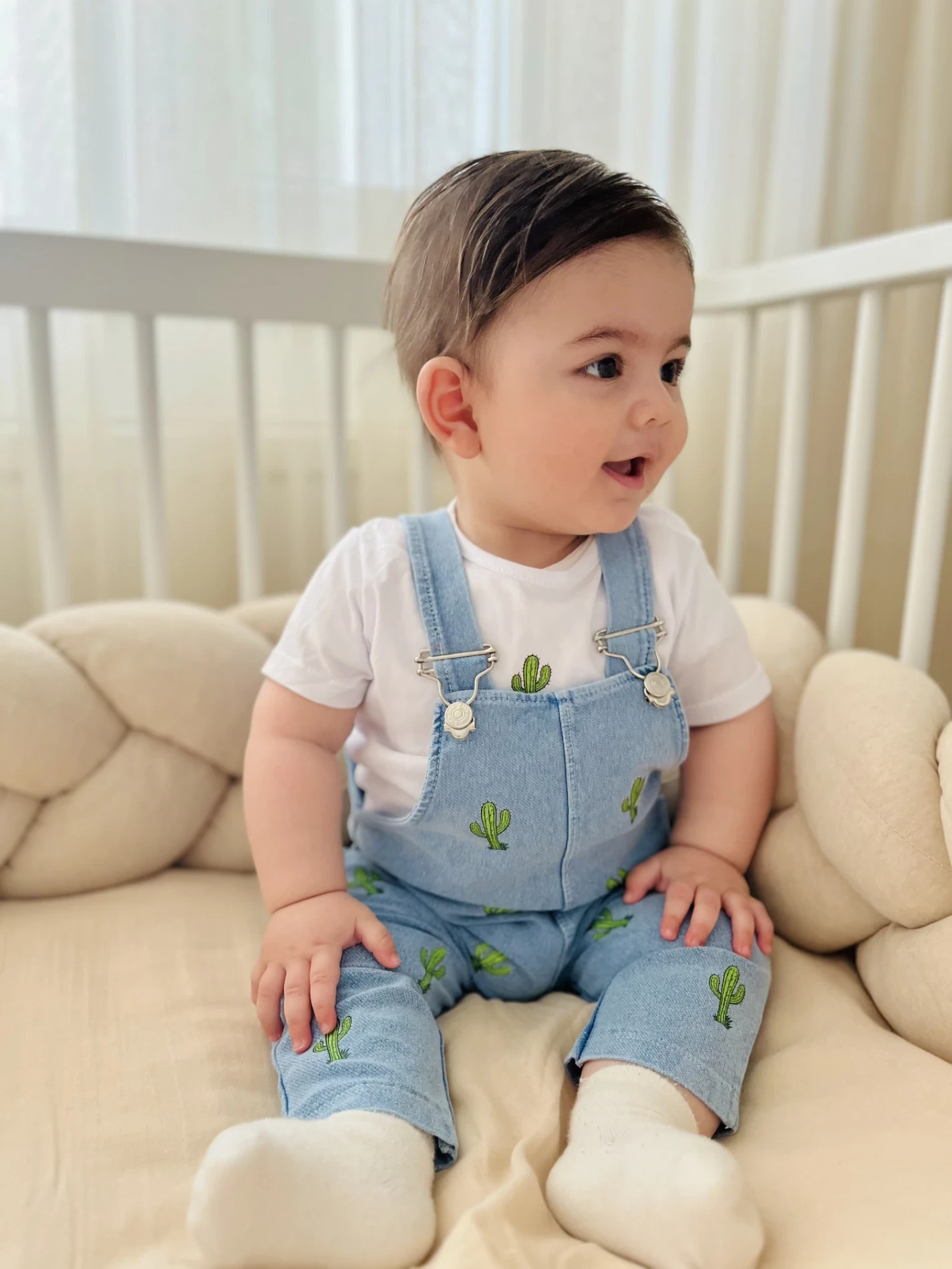 Kaktüs  Nakışlı Örme Yumuşacık Likralı Esnek Kumaşlı Salopetli 2’li Premium Kalite Set