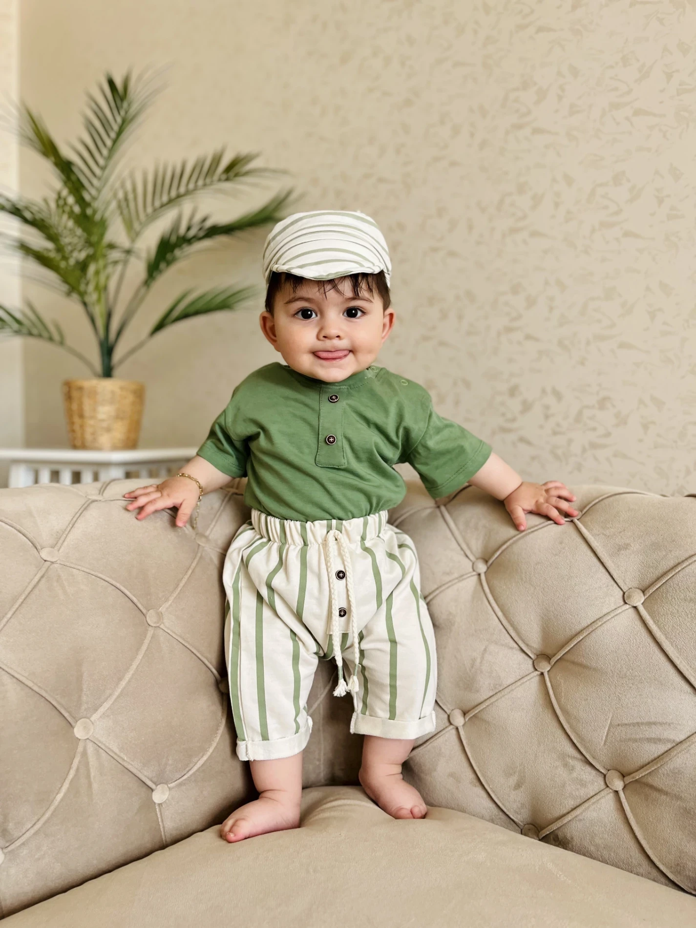 Kasketli Çizgili Şortlu %100 Pamuk 3’lü Takım