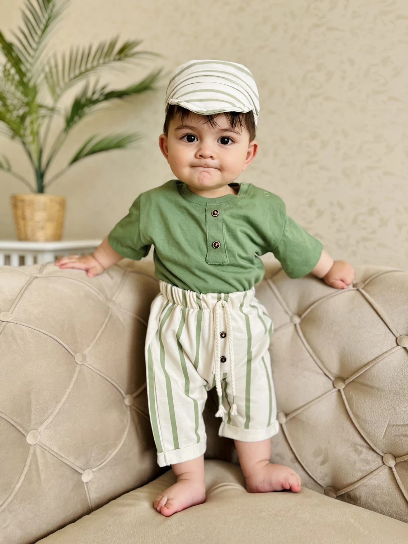 Kasketli Çizgili Şortlu %100 Pamuk 3’lü Takım