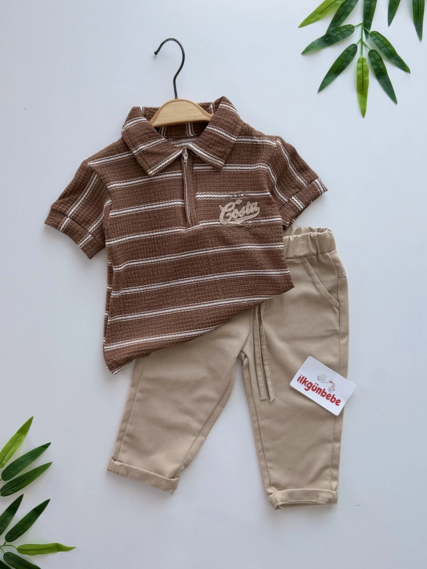 Classic Boy Polo Yaka Çizgili Keten Takım
