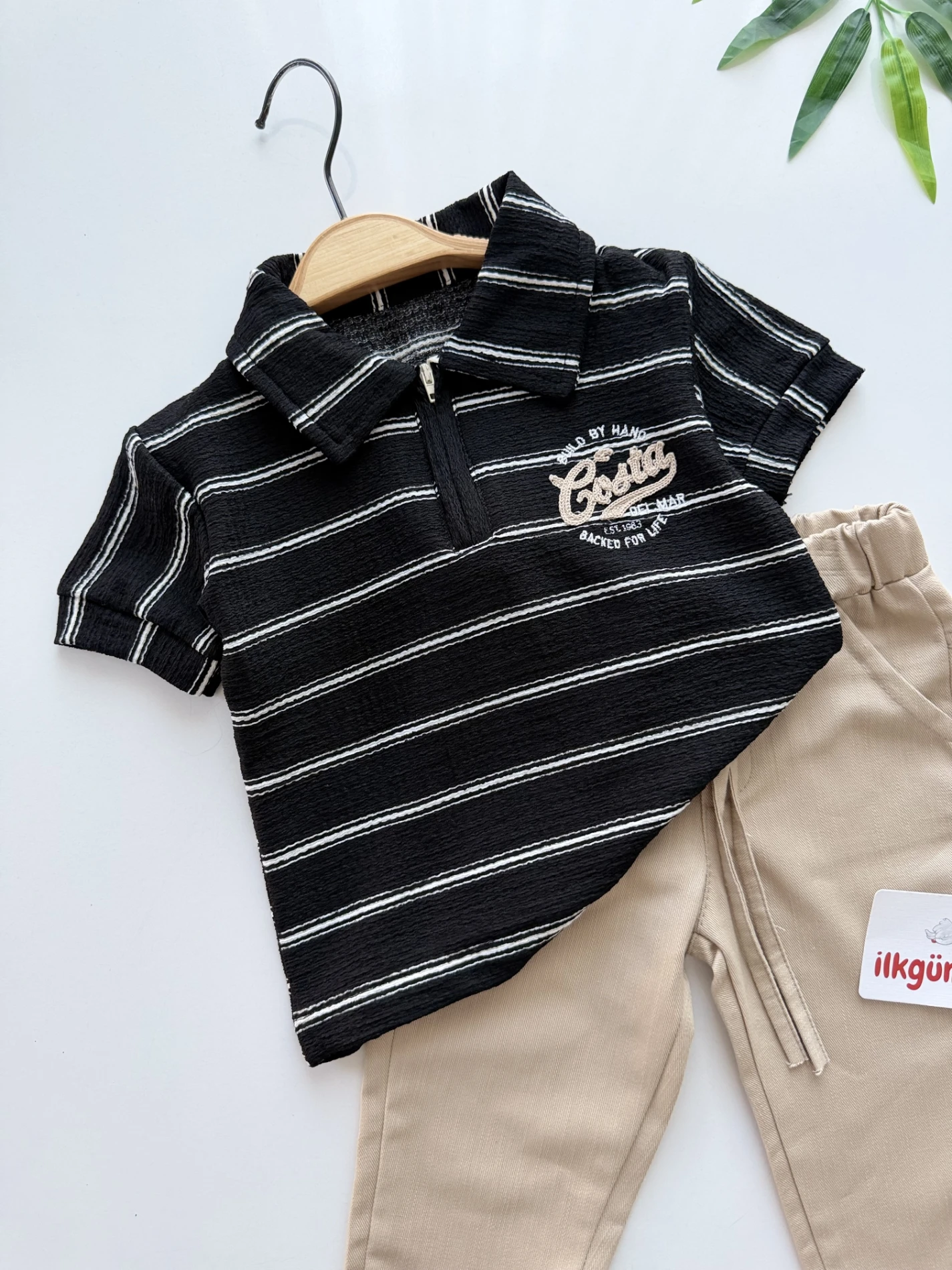 Classic Boy Polo Yaka Çizgili Keten Takım