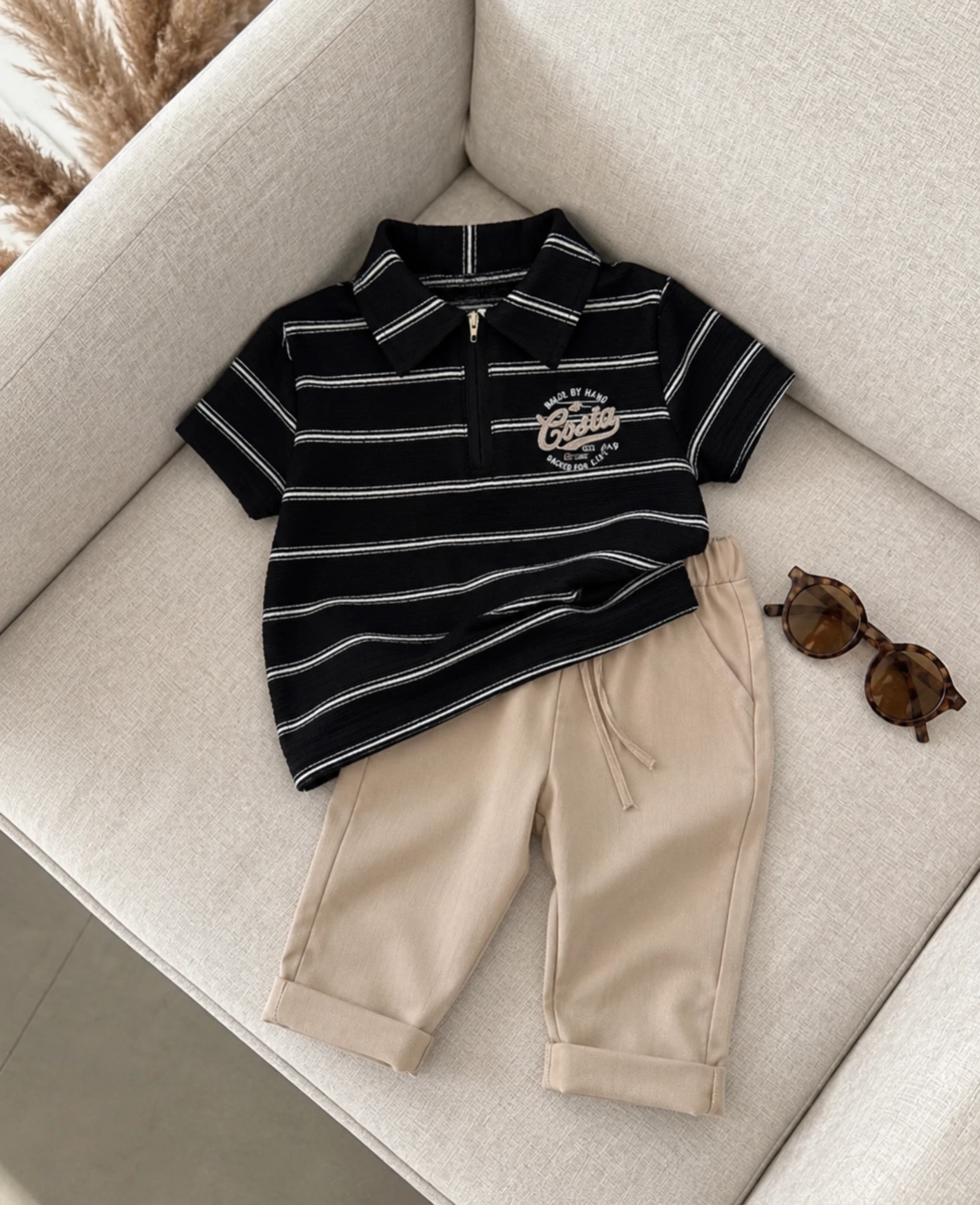 Classic Boy Polo Yaka Çizgili Keten Takım