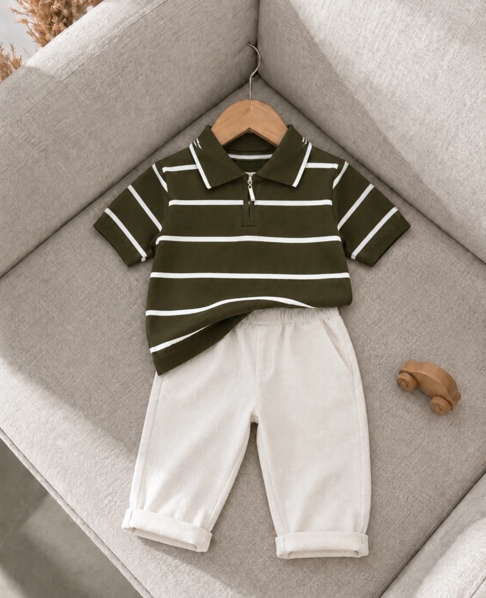 Classic Boy Polo Yaka Keten Takım Haki