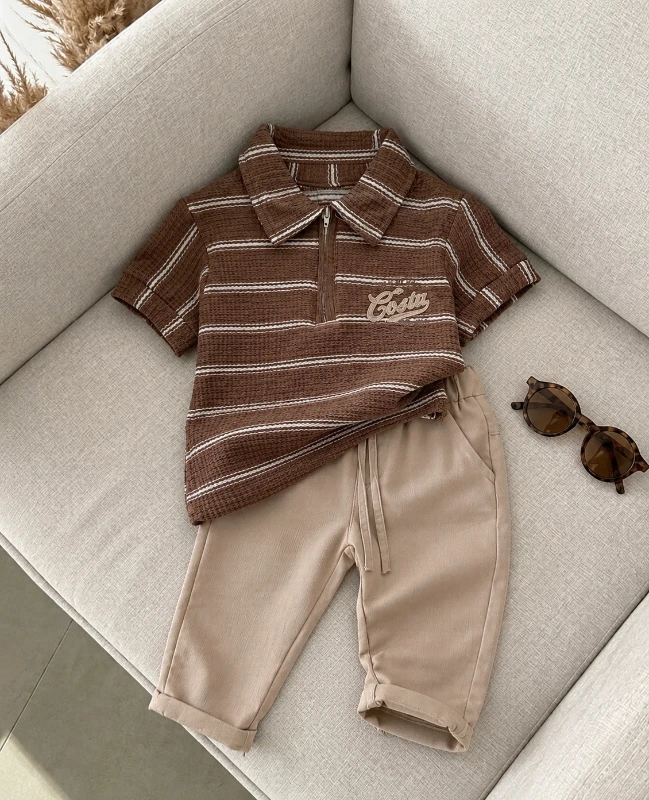 Classic Boy Polo Yaka Çizgili Keten Takım