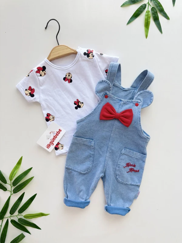 Minnie Mouse Likralı Kot Salopet Body Takım