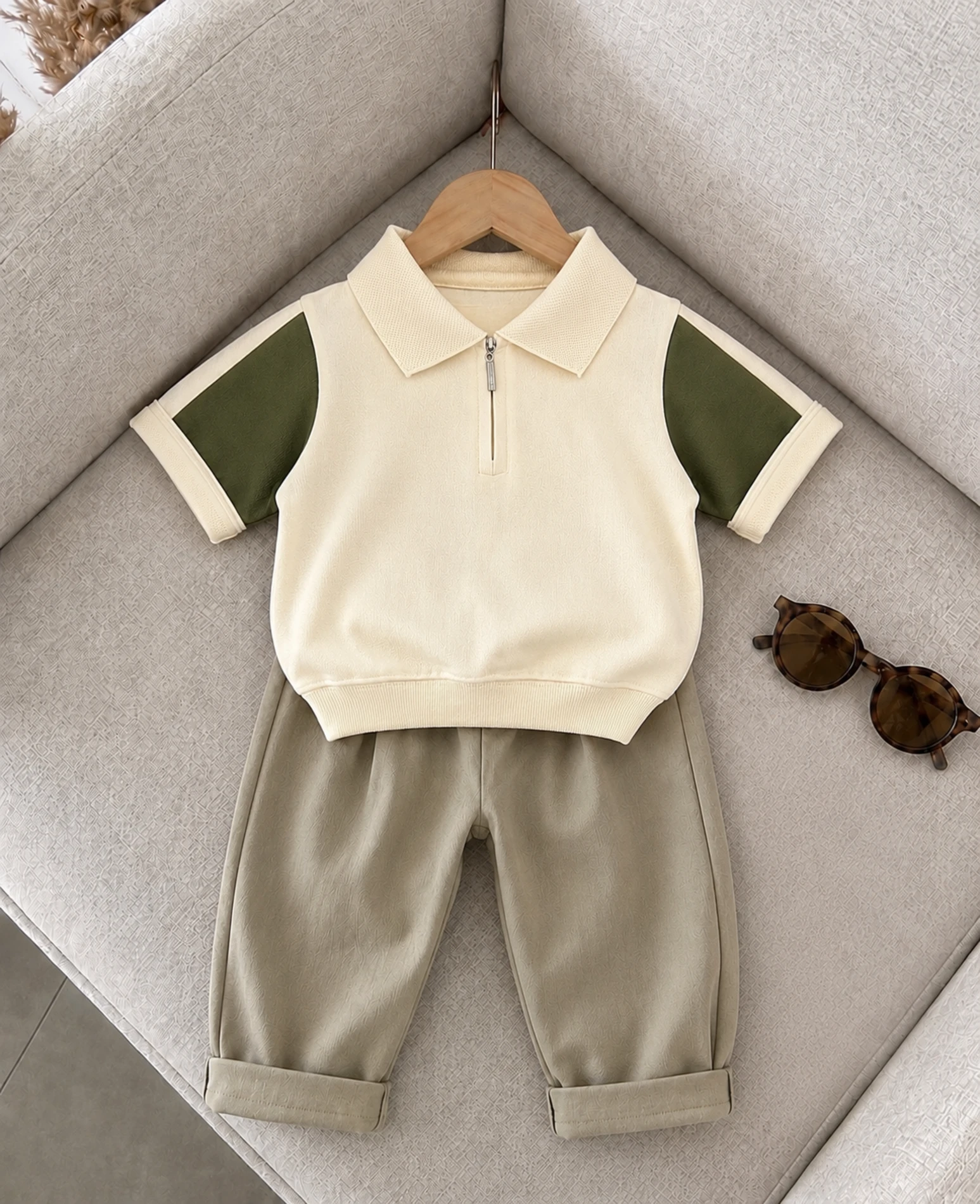 Classic Boy Polo Yaka Keten Takım Yeşil