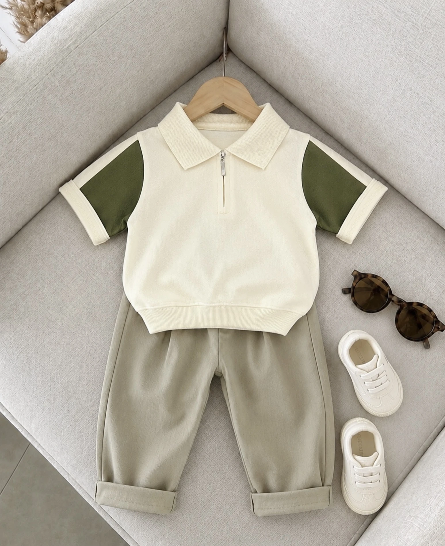 Classic Boy Polo Yaka Keten Takım Yeşil