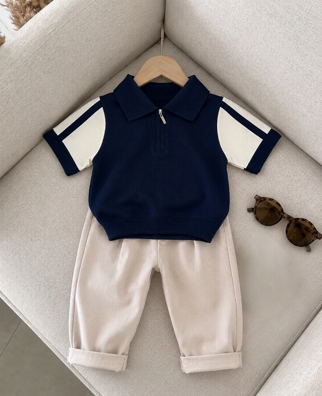 Classic Boy Polo Yaka Keten Takım Lacivert