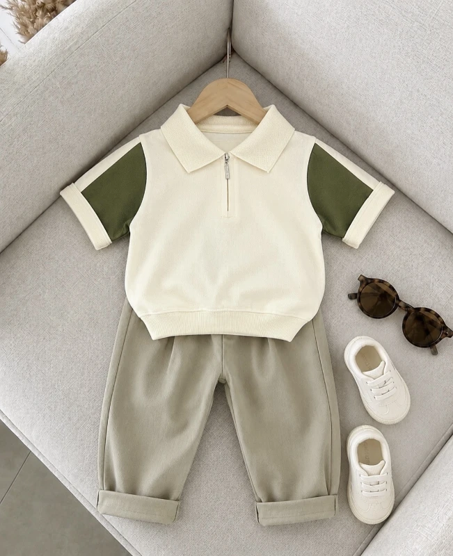 Classic Boy Polo Yaka Keten Takım Yeşil