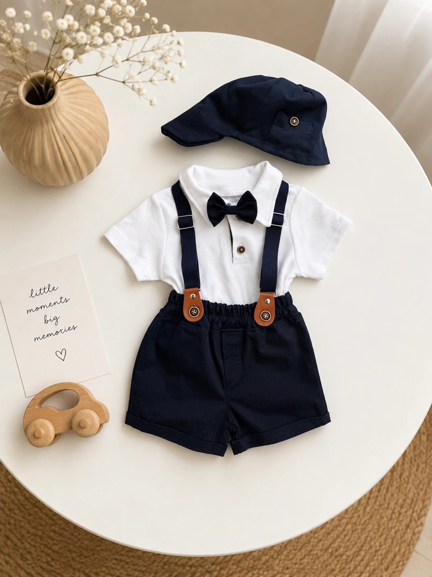 Askı Kemerli Şapkalı Papyonlu Likralı Şort Polo Yaka Badi 5li Yazlık Erkek Bebek Takım