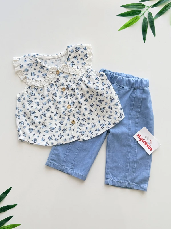 Çıtır Çiçek Desenli Kot Pantalonlu Takım