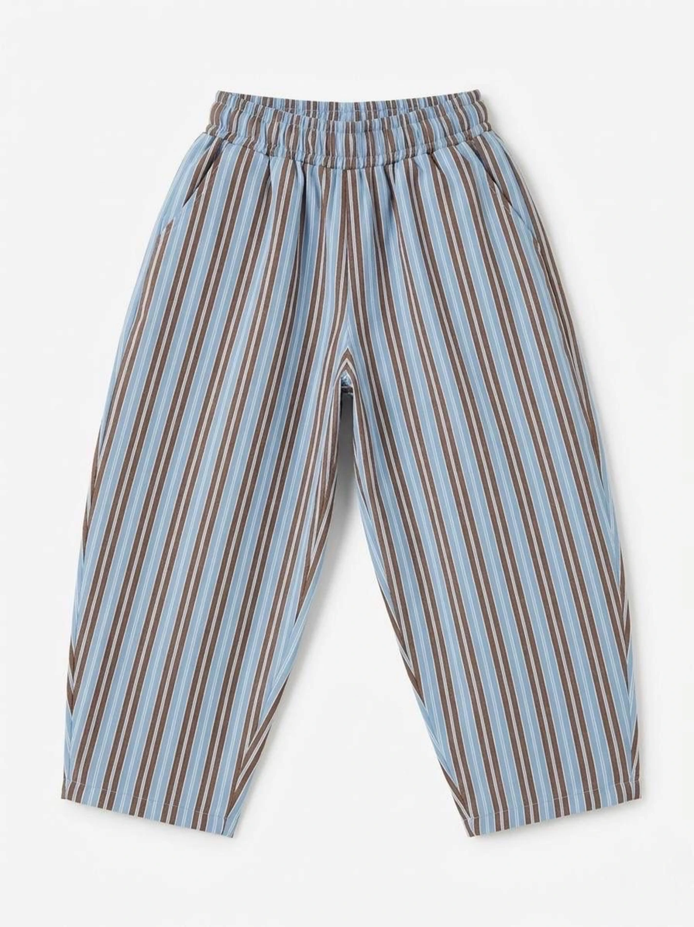 Laciel Paris Kahve&Mavi Çizgili Dokuma Balon Pantolon & Basic Tişört
