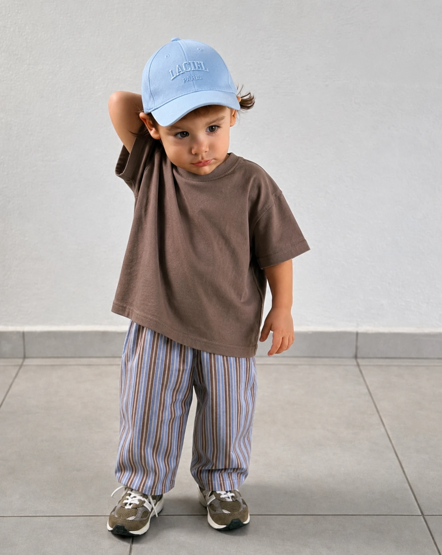 Laciel Paris Kahve&Mavi Çizgili Dokuma Balon Pantolon & Basic Tişört