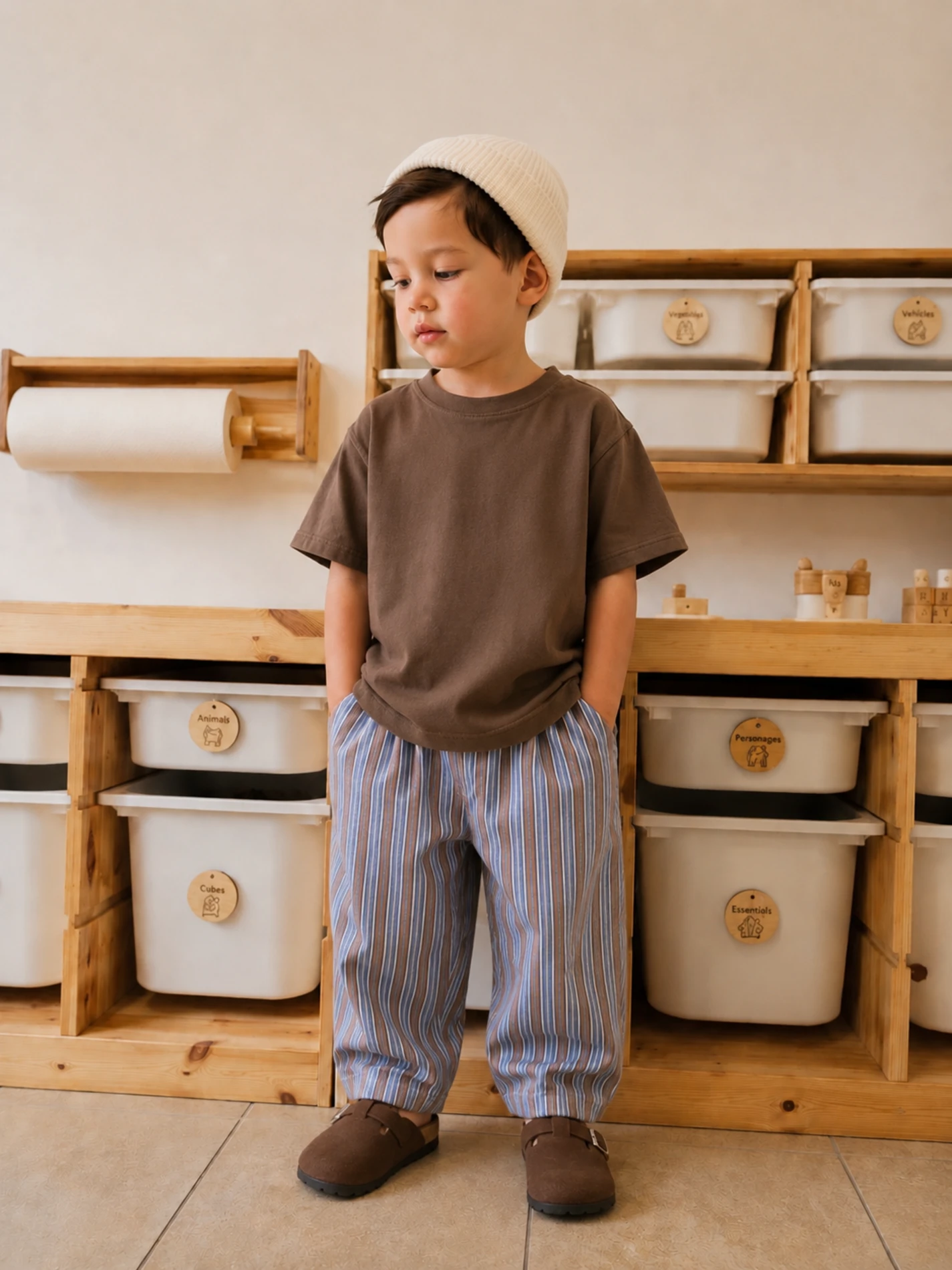 Laciel Paris Kahve&Mavi Çizgili Dokuma Balon Pantolon & Basic Tişört