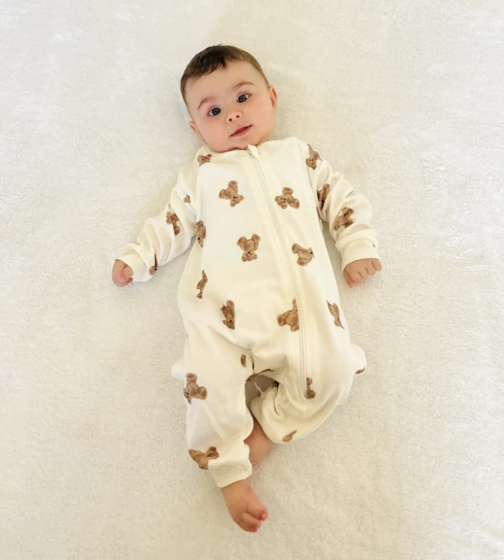 Teddy Temalı %100 Pamuk Mevsimlik Kumaş Fermuarlı Unisex Tulum