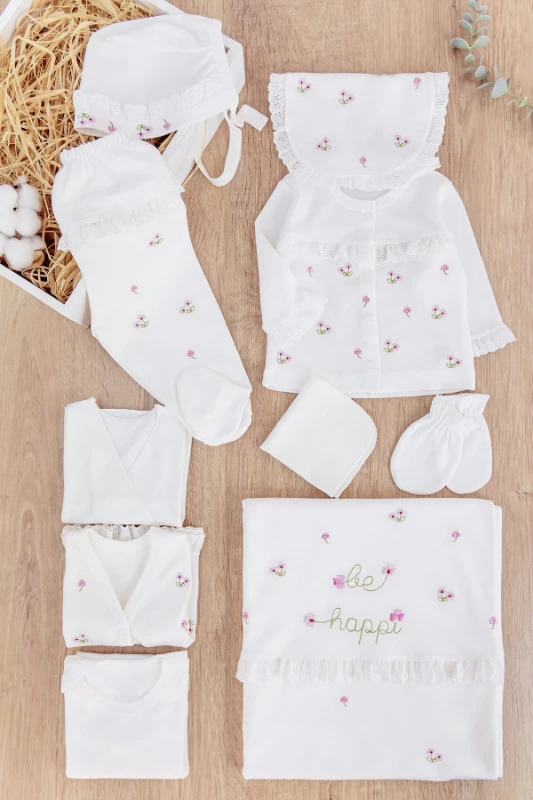 Be Happy Bahar Desenli Detaylı Battaniyeli 10 Parça %100 Pamuk Premium Hastane Çıkışı Seti