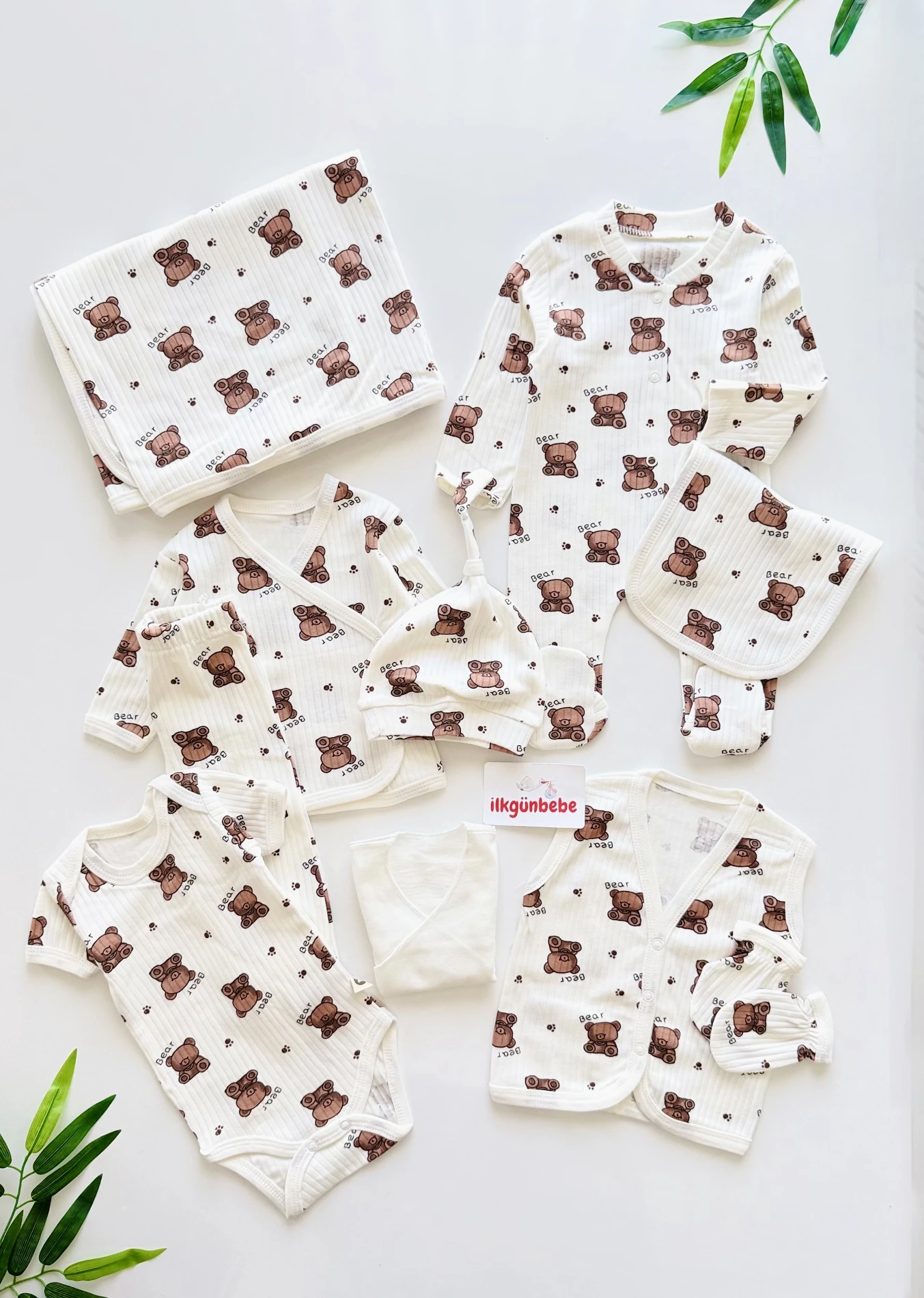 10 Parça %100 Pamuk Teddy Bear   Desenli Yenidoğan Hastane Çıkışı Seti