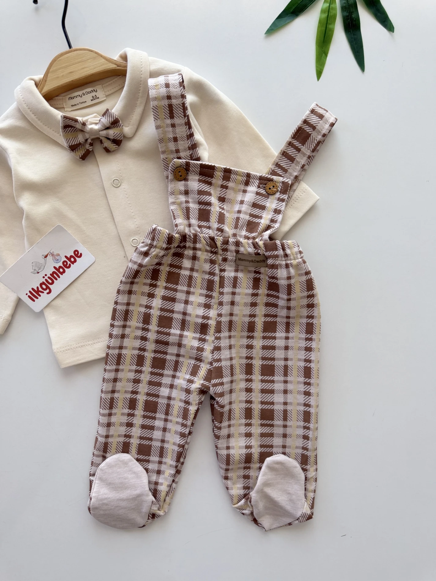 Kareli %100 Pamuk Body Salopet Set
