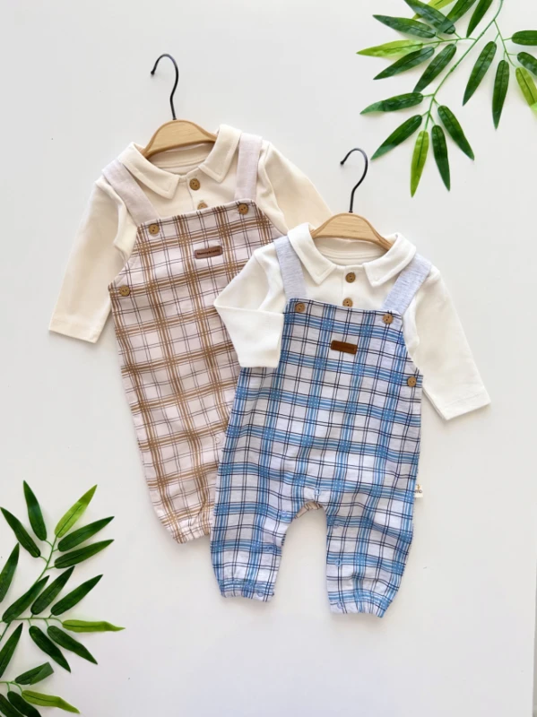Kareli %100 Pamuk Body Salopet Set