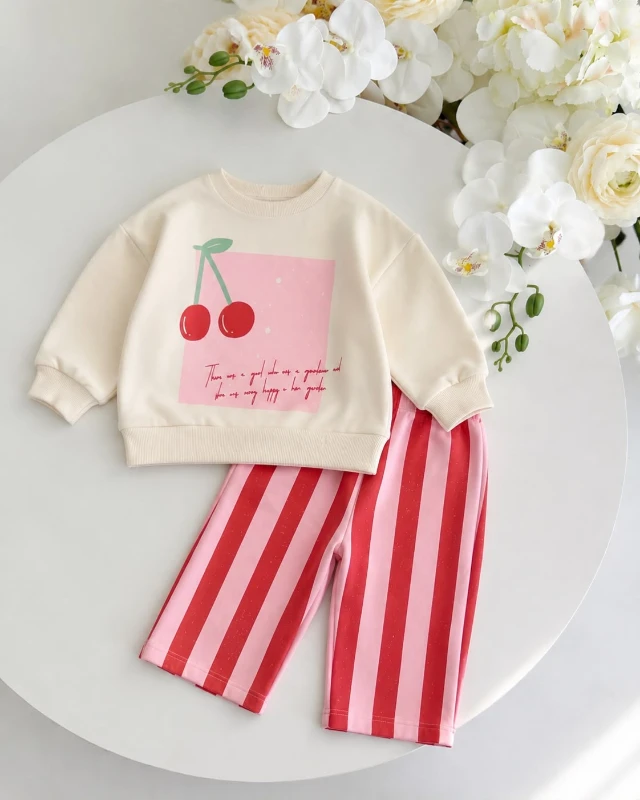 Cherry çizgili %100 pamuk 2’li takım