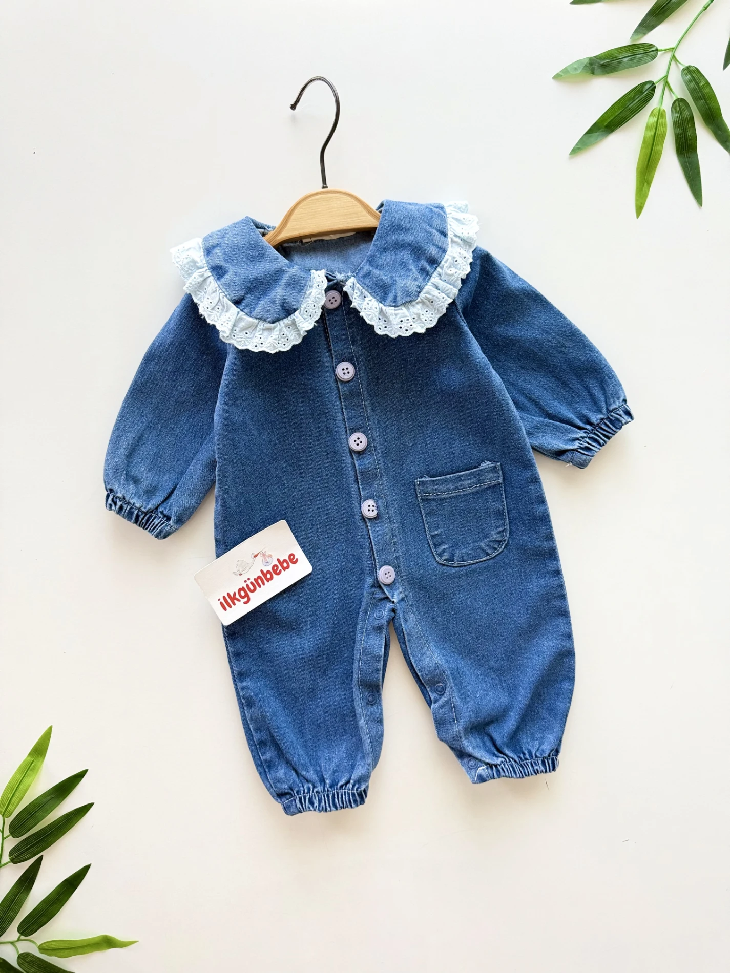 Fisto Yaka Likralı Denim Kot Tulum