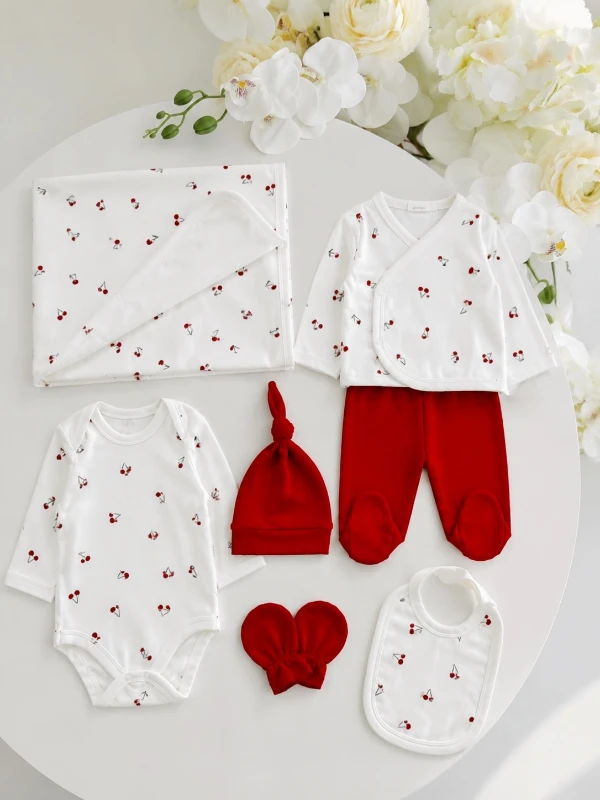 Cherry 7 Parça Battaniyeli Yenidoğan Takım %100 Pamuk  Yenidoğan Set