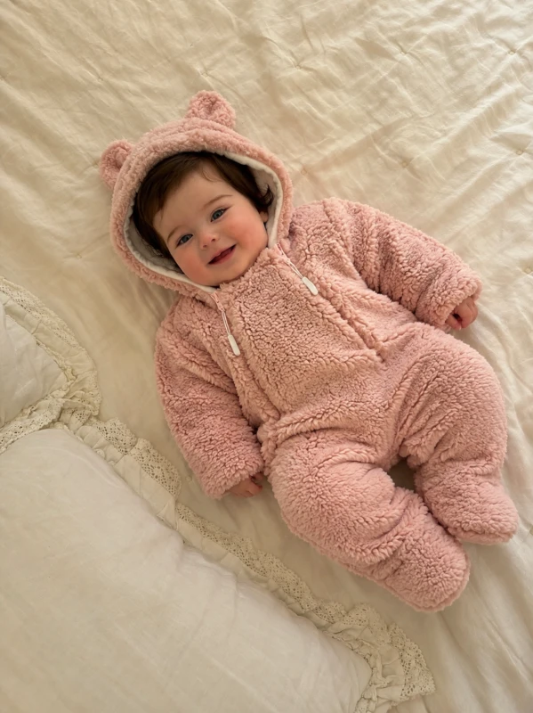 Alice Kuzu Peluş Kulaklı Çift Fermuarlı Tulum PUDRA