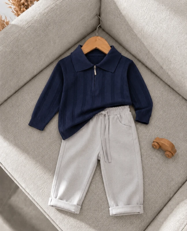 Classic Boy Polo Yaka Keten Pantalonlu Triko Kazaklı Takım 