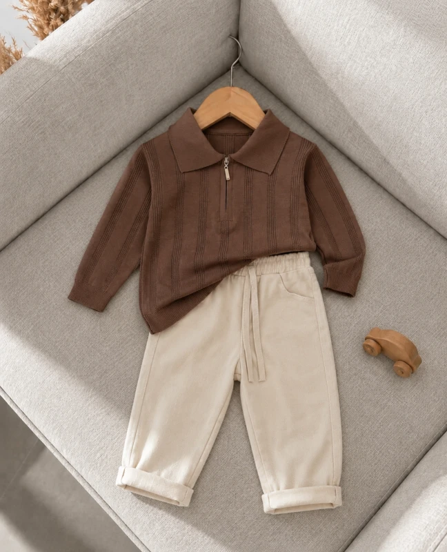 Classic Boy Polo Yaka Keten Pantalonlu Triko Kazaklı Takım 