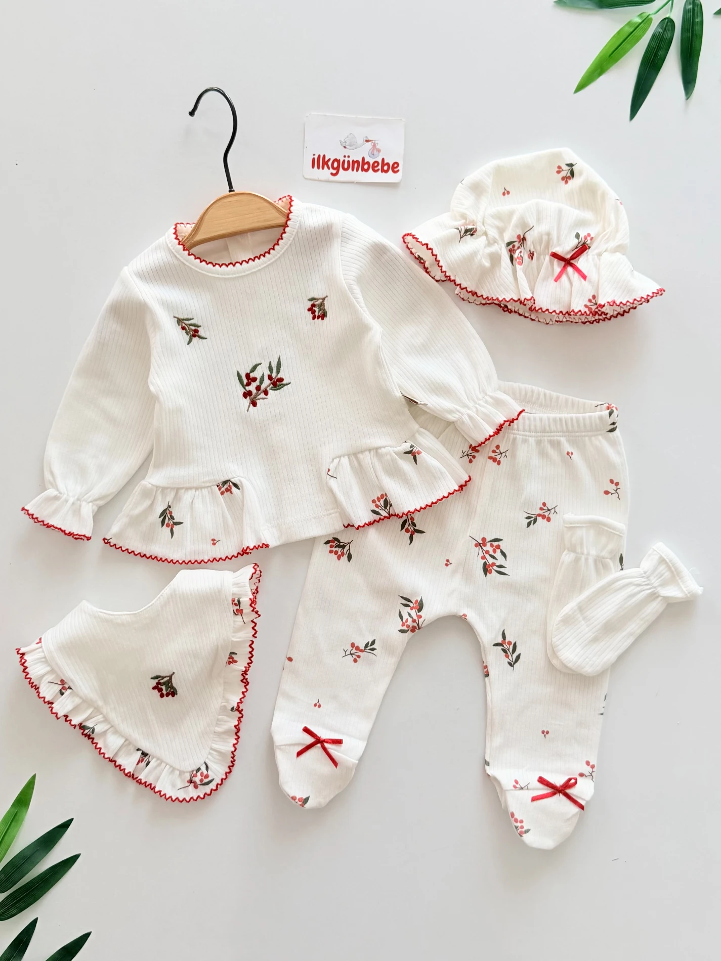 %100 Pamuk Kokina Nakış 5 Parça Yenidoğan Set