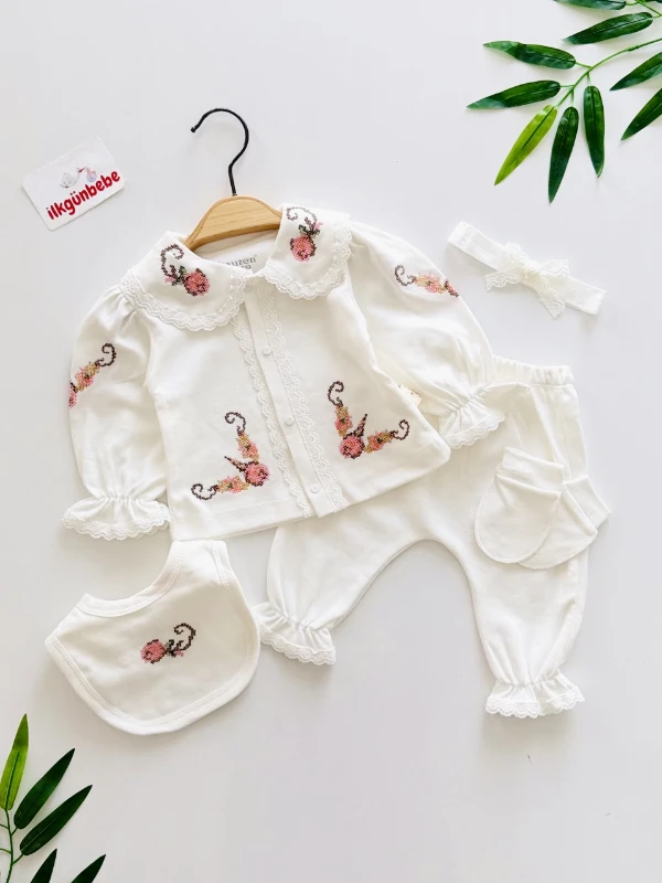 %100 Pamuk Kaneviçe Nakışlı 5li Hastane Çıkışı Set