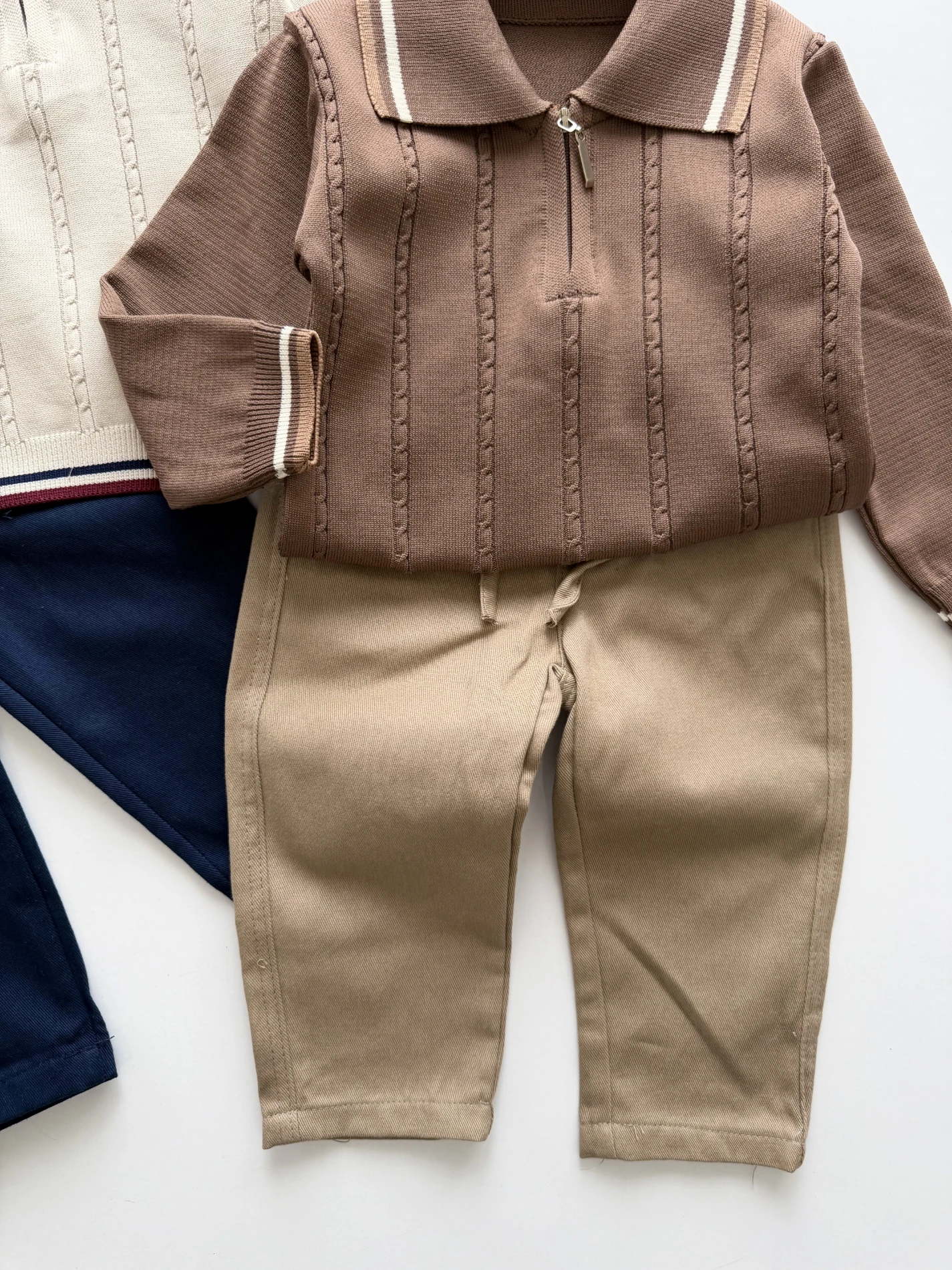 Classic Boy Polo Yaka Keten Pantalonlu Çizgili Triko Kazaklı Takım 