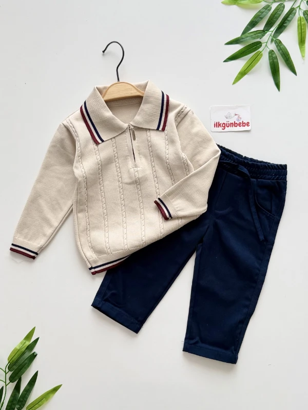 Classic Boy Polo Yaka Keten Pantalonlu Çizgili Triko Kazaklı Takım 
