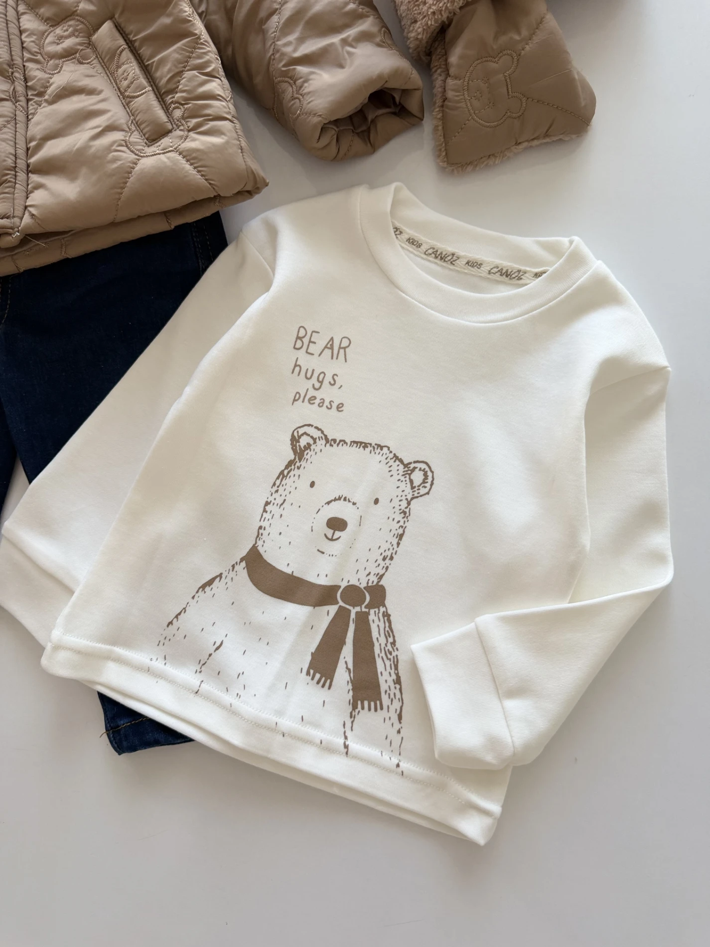 Teddy Bear Fular Atkılı  Kot Pantalonlu Montlu & Badili 4’lü Takım