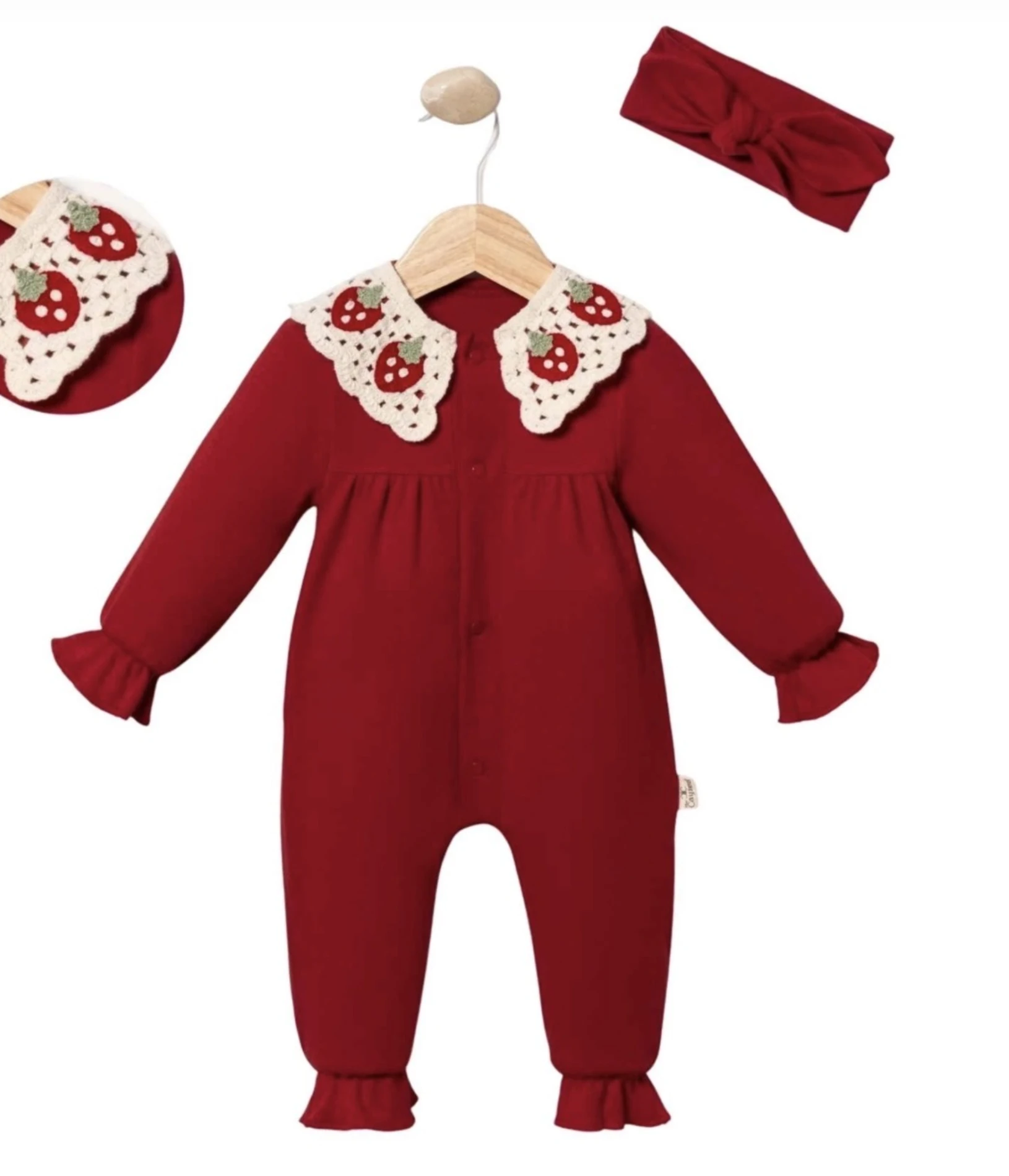 Çilek Yaka Detaylı Tulum & Bandana Set