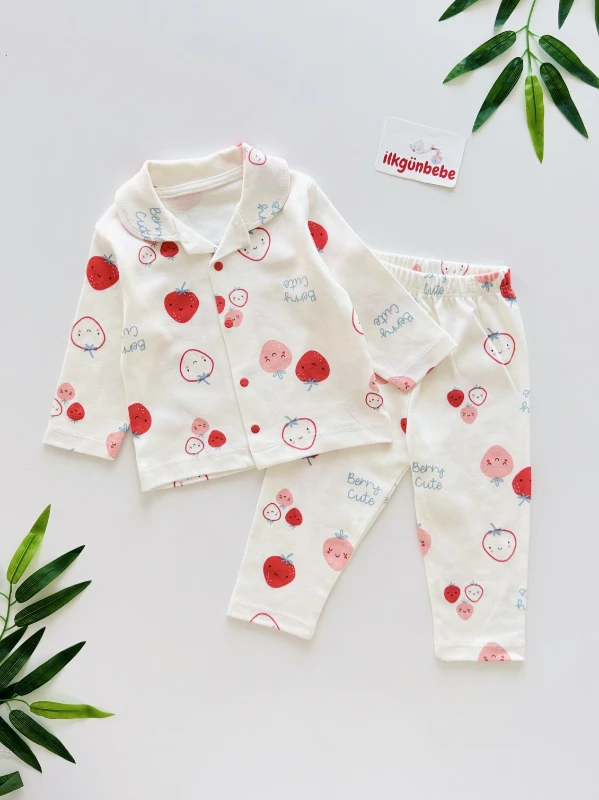 Çilek Desenli Bebe Yakalı %100 Pamuk Pijama Takımı