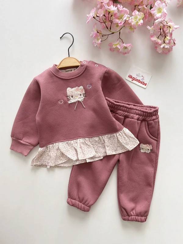 Hello Kitty Fiyonklu  3 İp Şardonlu Kışlık Takım