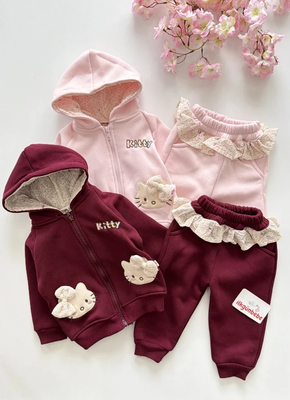 Hello Kitty Fiyonklu  3 İp Şardonlu Hırkalı  Kışlık Takım